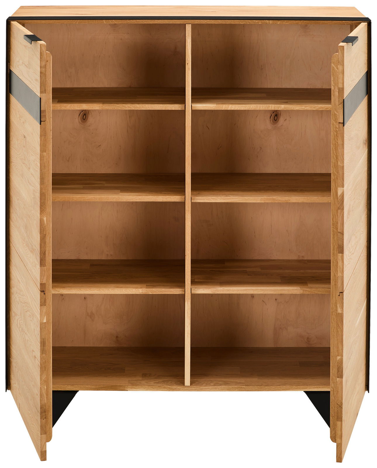 Offenes Highboard aus Holz mit vier Regalfächern, frontal betrachtet.