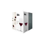 Verpackung eines 4er-Sets Bordeauxgläser von Schott Zwiesel, Vorderansicht mit Abbildung eines gefüllten Weinglases.