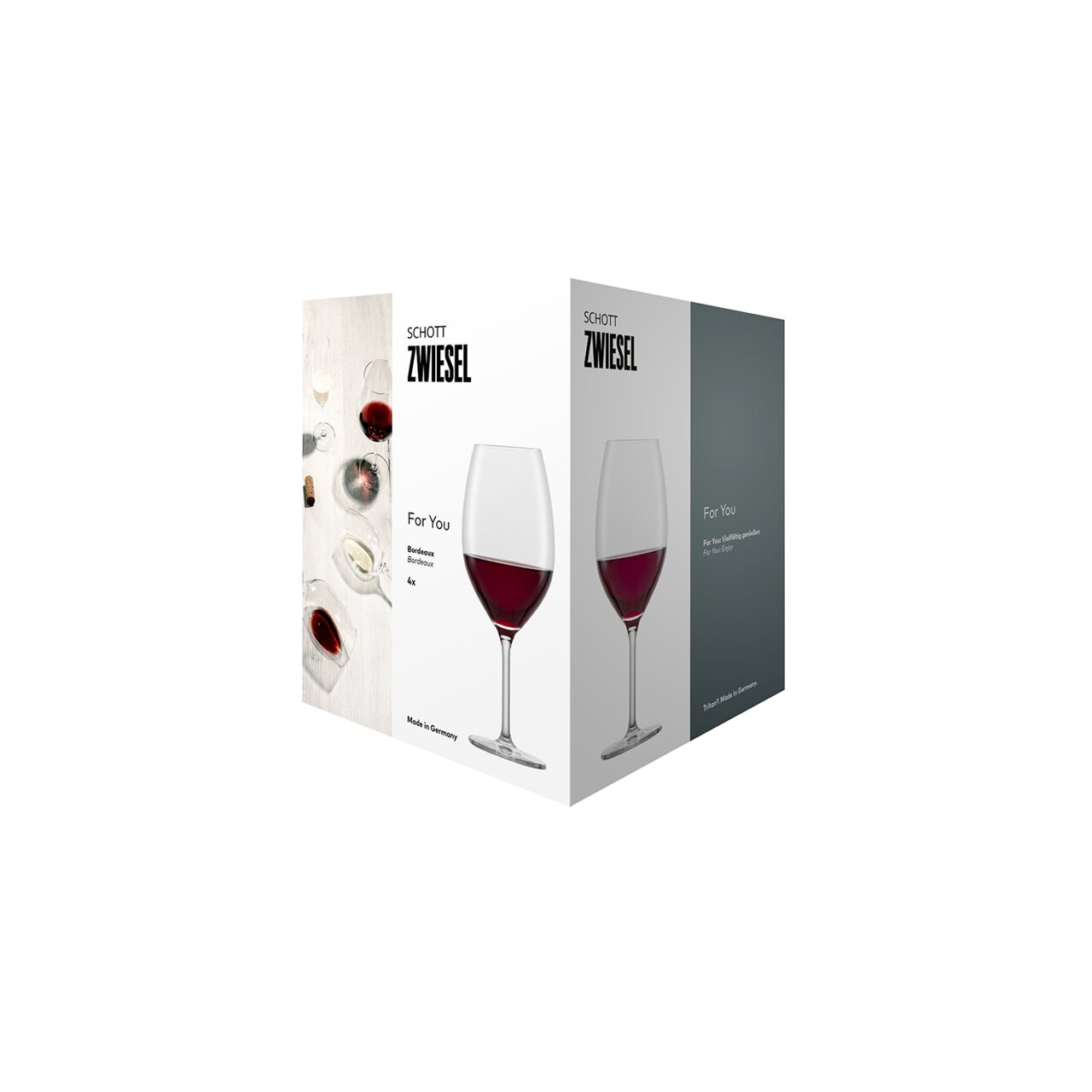 Verpackung eines 4er-Sets Bordeauxgläser von Schott Zwiesel, Vorderansicht mit Abbildung eines gefüllten Weinglases.
