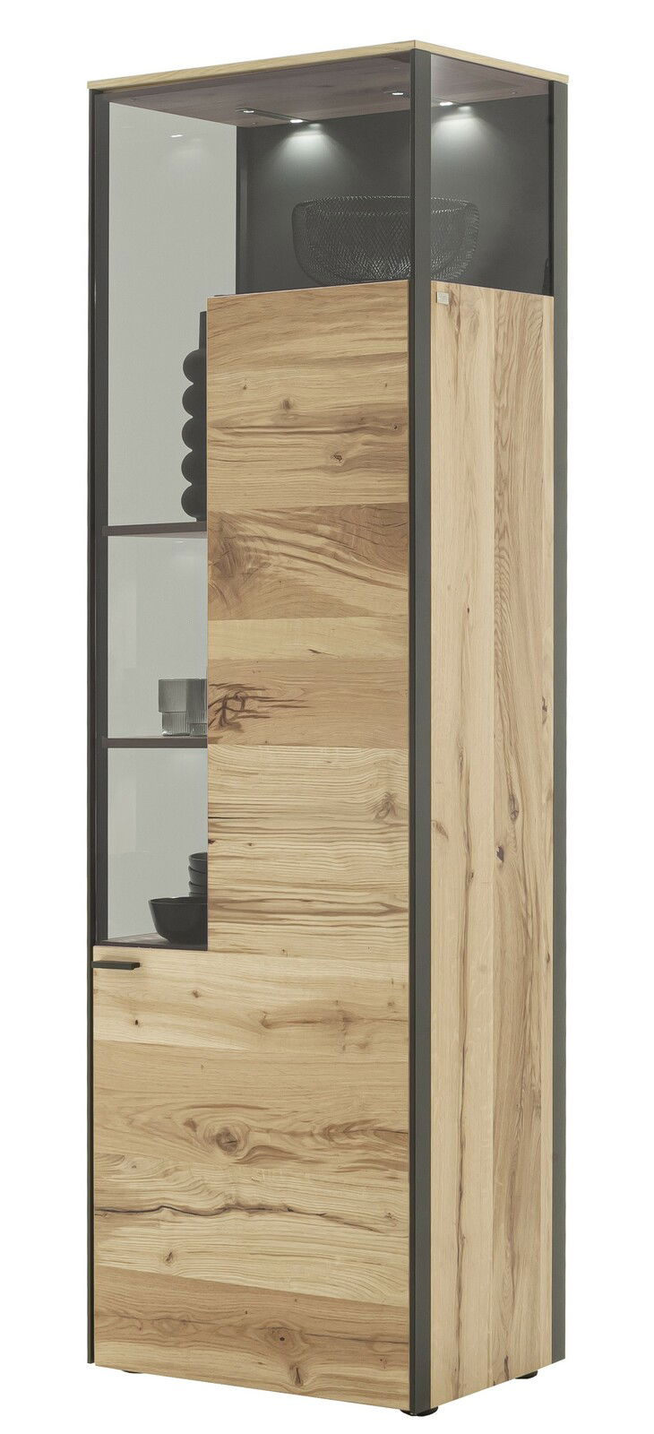 Vitrine aus Holz mit Glaselementen, seitliche Perspektive