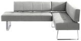 Graue Eckbank mit modernem Design und Metallbeinen, seitliche Perspektive