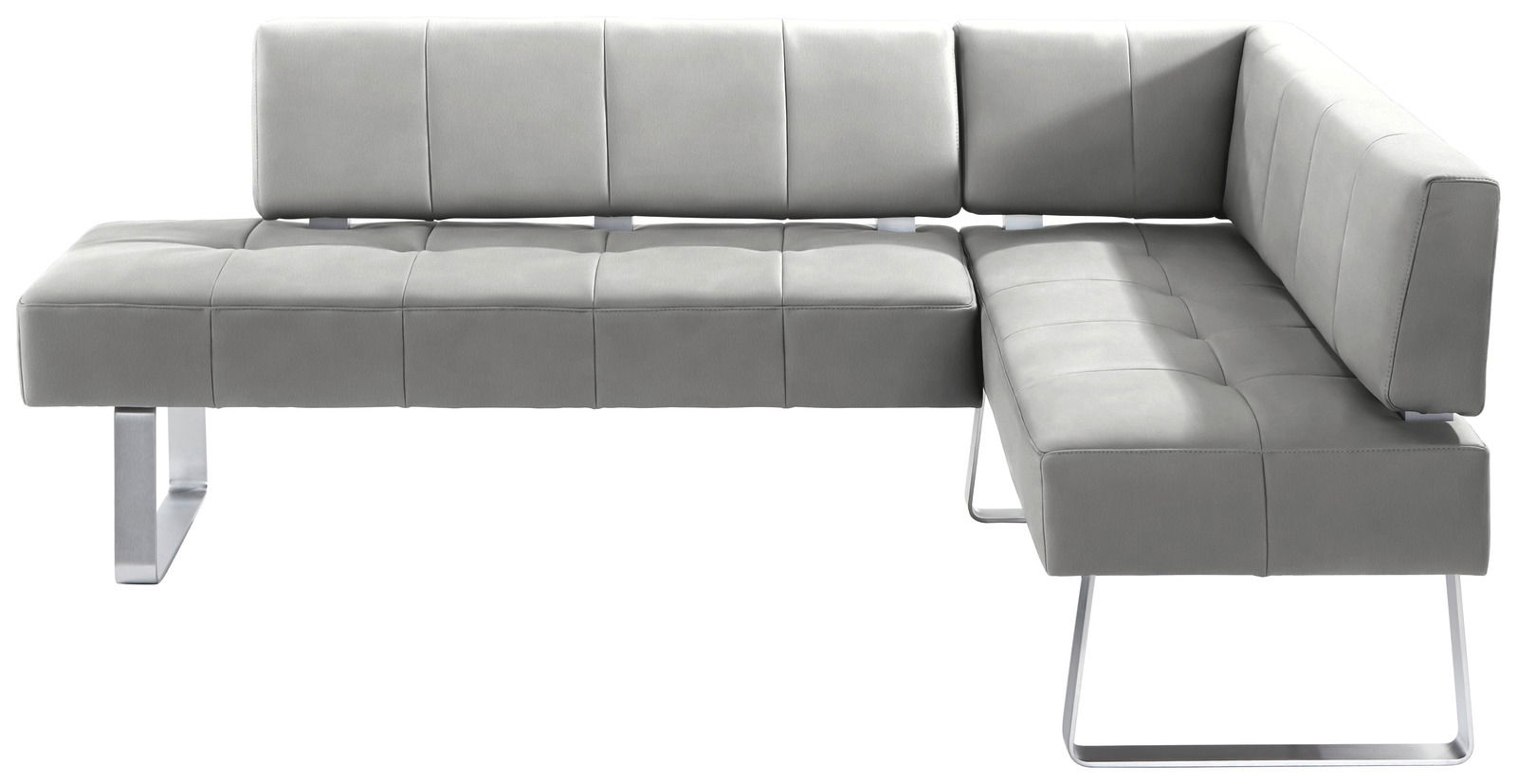 Graue Eckbank mit modernem Design und Metallbeinen, seitliche Perspektive