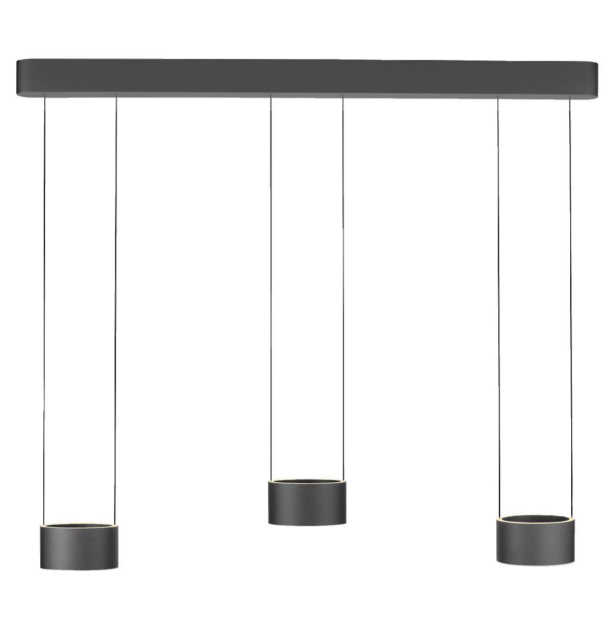 Moderne LED-Pendelleuchte mit drei zylindrischen Lampenschirmen, von vorne betrachtet.