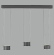 Moderne LED-Pendelleuchte mit drei zylindrischen Lampenschirmen, von vorne betrachtet.