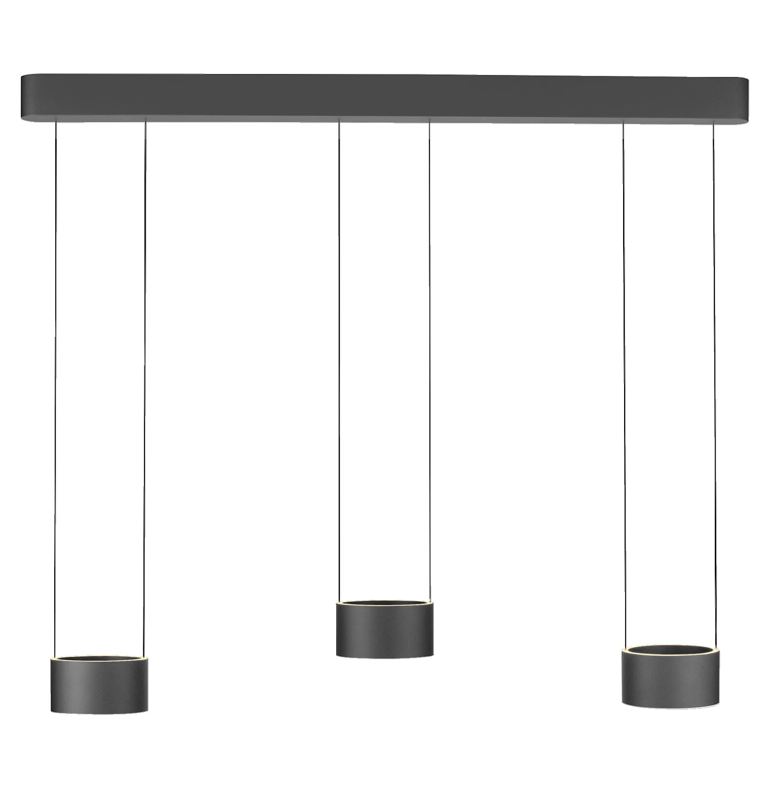 Moderne LED-Pendelleuchte mit drei zylindrischen Lampenschirmen, von vorne betrachtet.