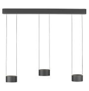Moderne LED-Pendelleuchte mit drei zylindrischen Lampenschirmen, von vorne betrachtet.