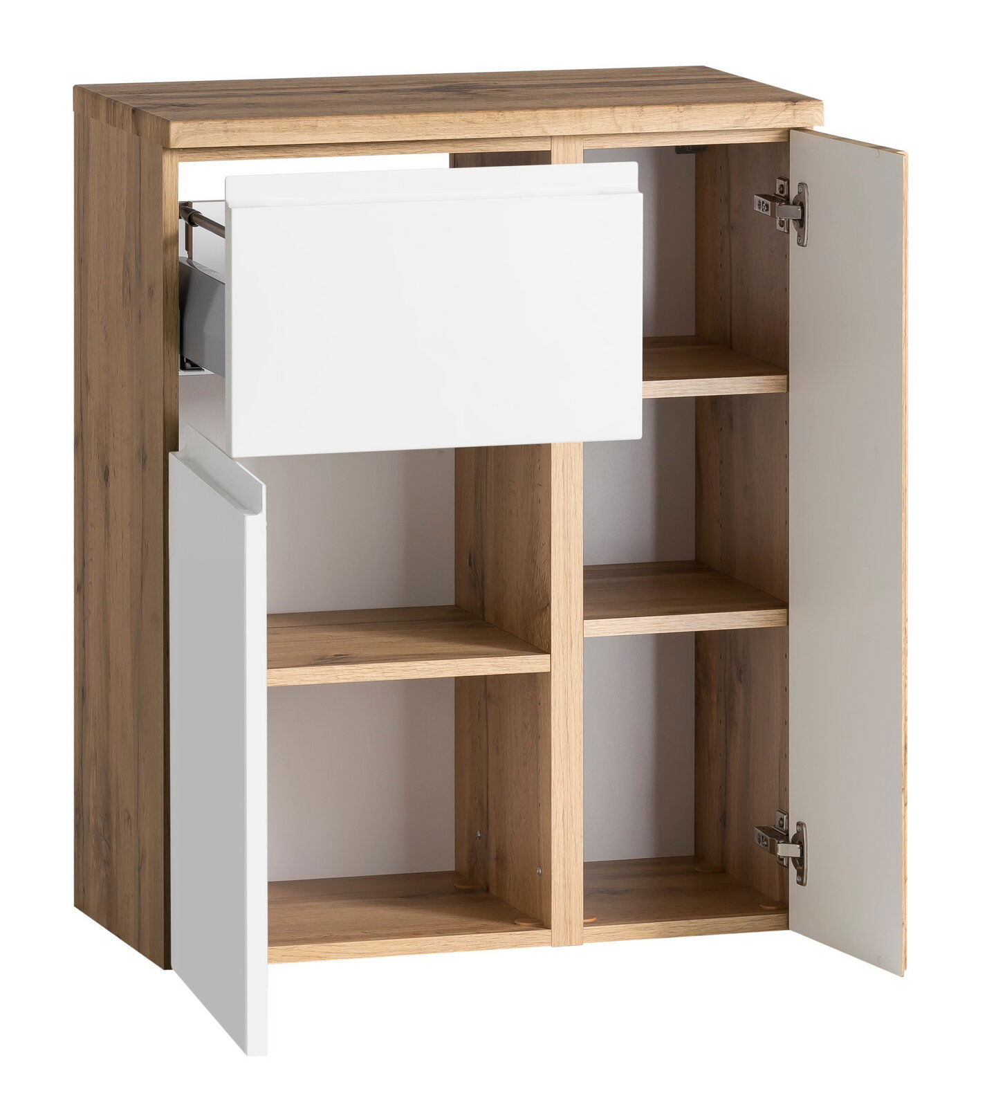 XORA Unterschrank VARESE Unterschrank 65 cm mit Holzoptik und weißen Türen, geöffnete Perspektive