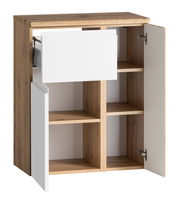 Unterschrank 65 cm mit Holzoptik und weißen Türen, geöffnete Perspektive