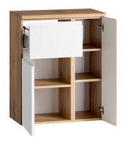 Unterschrank 65 cm mit Holzoptik und weißen Türen, geöffnete Perspektive