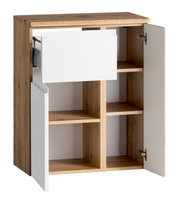 Unterschrank 65 cm mit Holzoptik und weißen Türen, geöffnete Perspektive