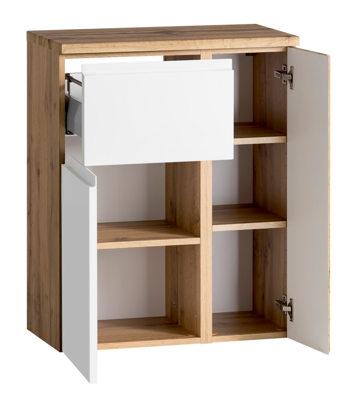 Unterschrank 65 cm mit Holzoptik und weißen Türen, geöffnete Perspektive
