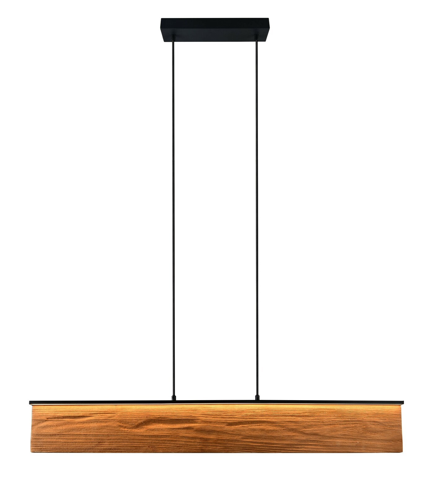 Moderne Pendelleuchte mit Holzoptik, frontal betrachtet