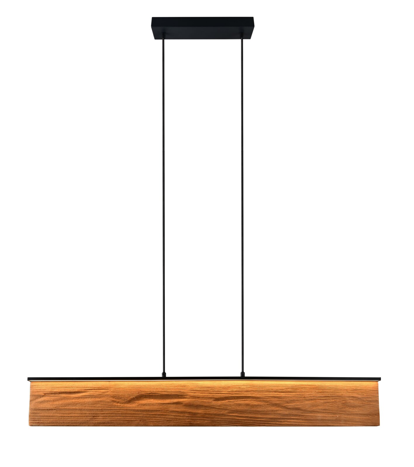 Moderne hanglamp met houtlook, gezien van voren