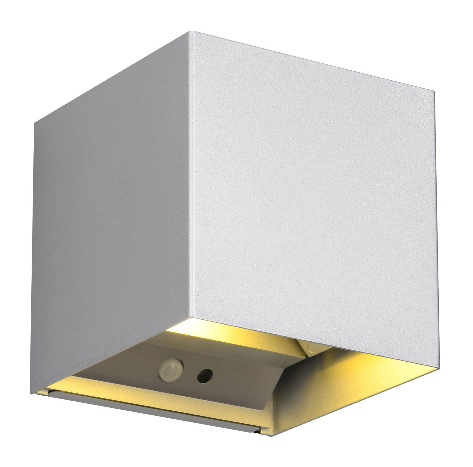 Silberne, würfelförmige Akku-Wandleuchte TALENT mit Lichtaustritt nach unten, seitliche Perspektive