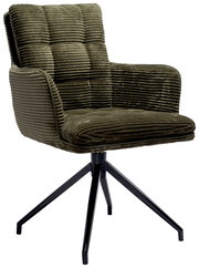 Grüner Armlehnstuhl mit geripptem Stoffbezug und schwarzem Metallgestell, seitliche Perspektive