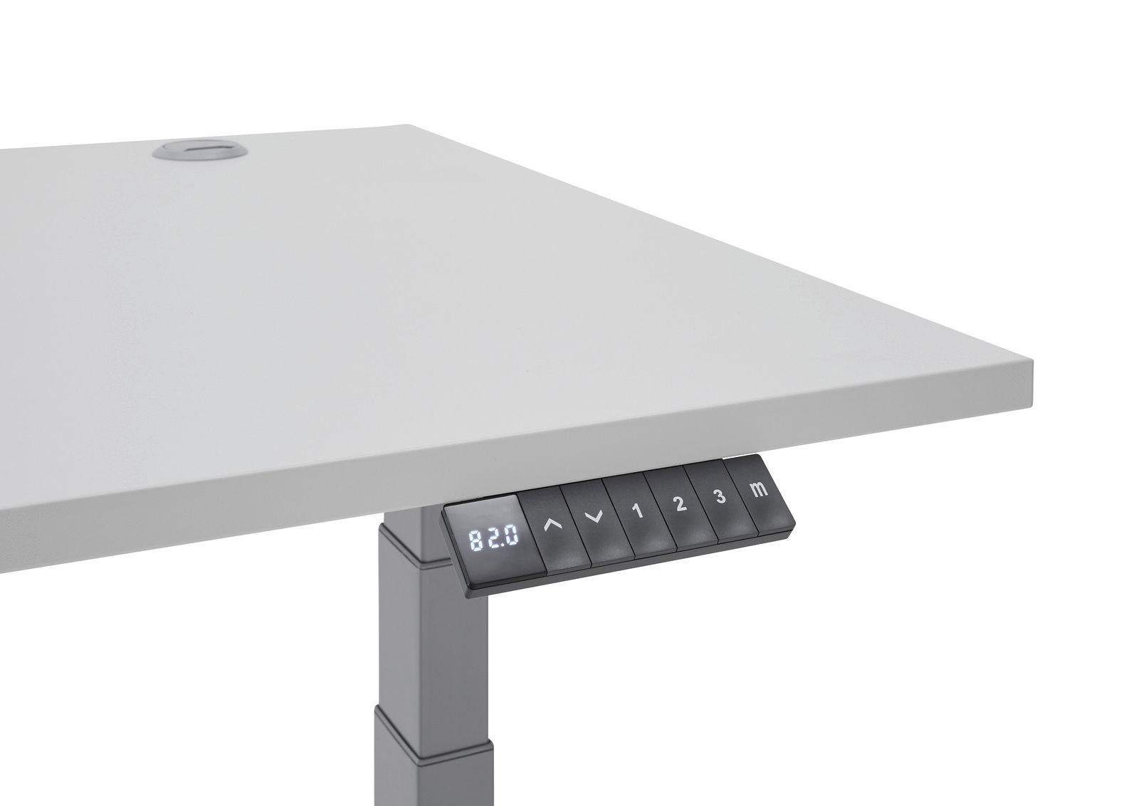 Eckschreibtisch der E-Serie mit digitalem Bedienfeld, seitliche Perspektive