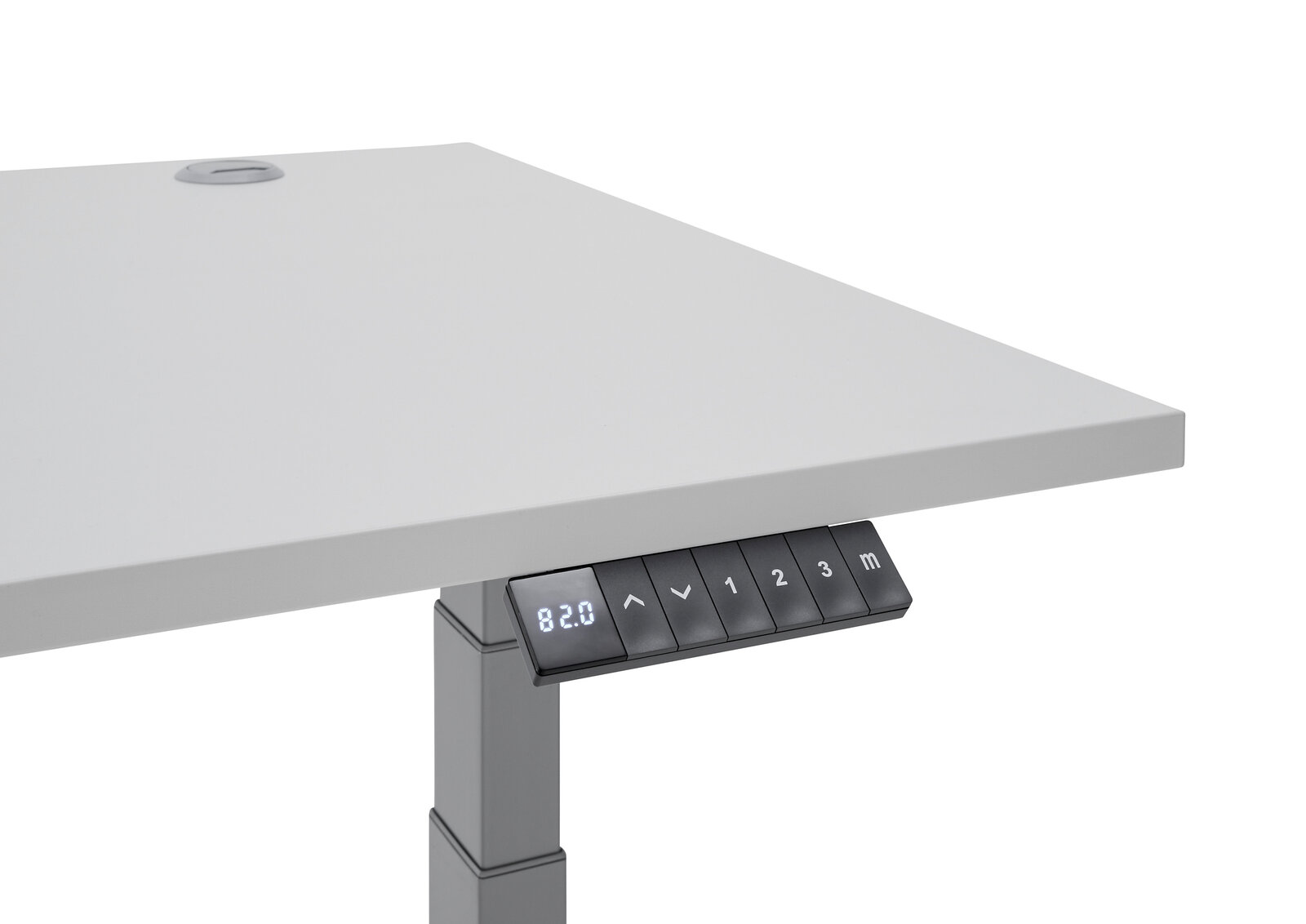 Eckschreibtisch der E-Serie mit digitalem Bedienfeld, seitliche Perspektive