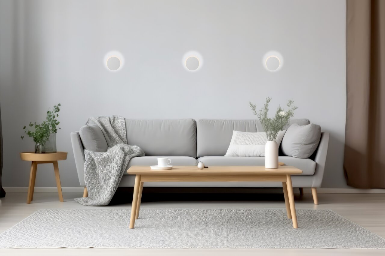 Moderne LED-Wandleuchten in einem stilvollen Wohnzimmer, frontal betrachtet.