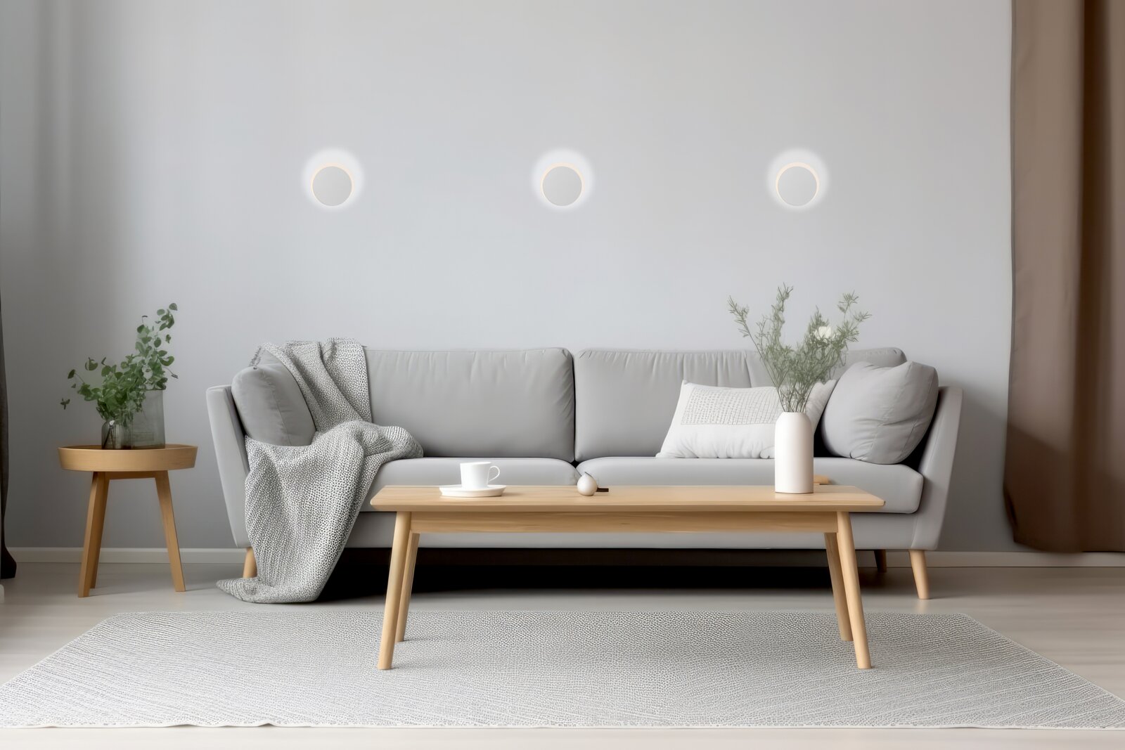 Moderne led-wandlampen in een stijlvolle woonkamer, gezien vanaf de voorkant.