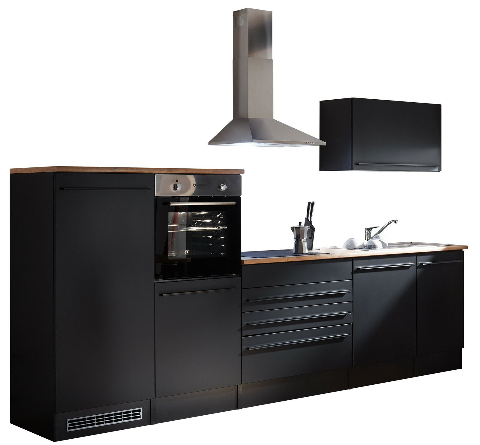Yourkitchen Küchenblock 320 JAZZ Moderne Küchenzeile in schwarzem Design mit integriertem Backofen, Dunstabzugshaube und Spüle, seitliche Perspektive