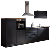Moderne Küchenzeile in schwarzem Design mit integriertem Backofen, Dunstabzugshaube und Spüle, seitliche Perspektive