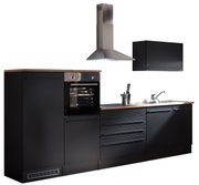 Moderne Küchenzeile in schwarzem Design mit integriertem Backofen, Dunstabzugshaube und Spüle, seitliche Perspektive