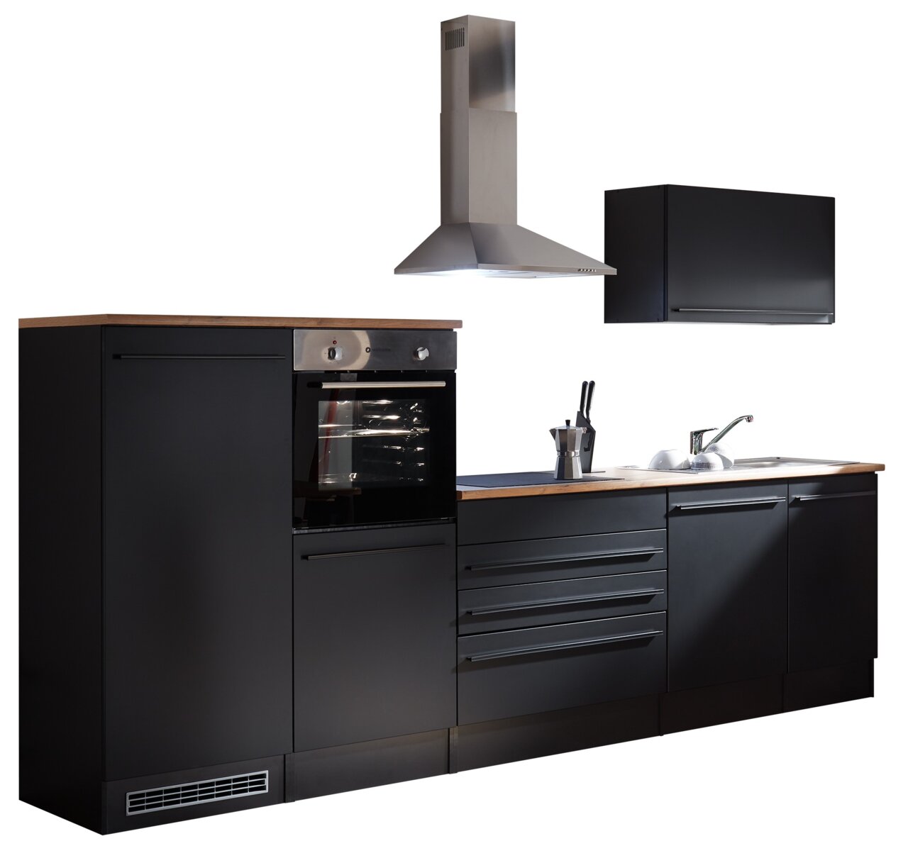 Moderne Küchenzeile in schwarzem Design mit integriertem Backofen, Dunstabzugshaube und Spüle, seitliche Perspektive