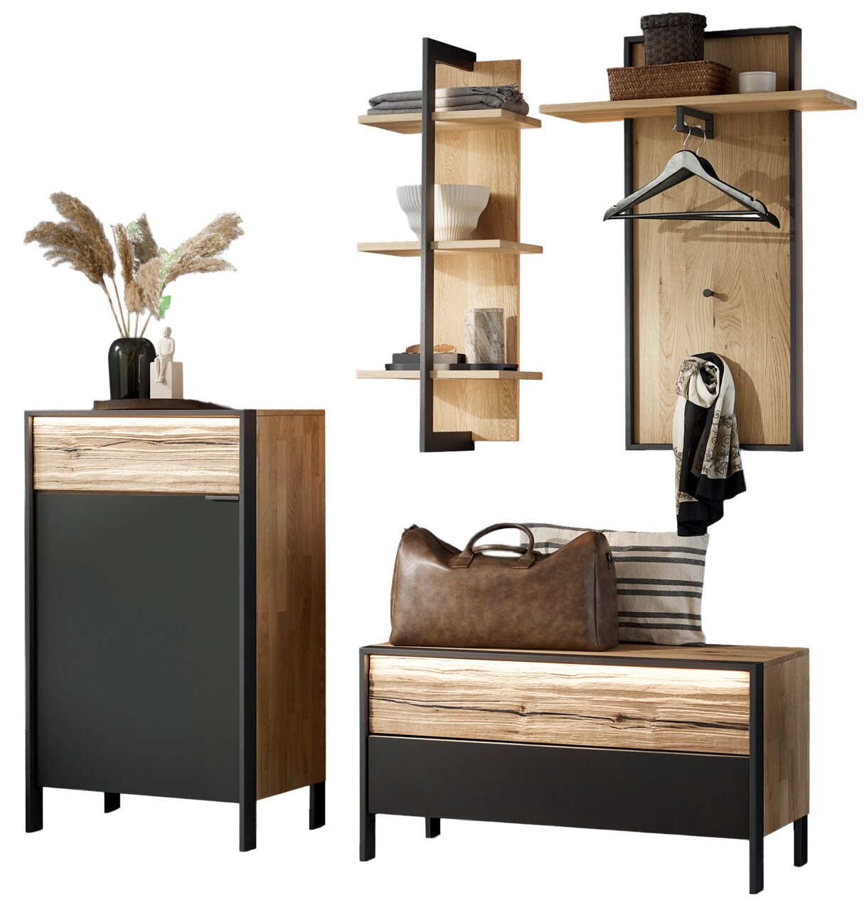 Garderoben-Set in modernem Design mit Holz- und Metallelementen, bestehend aus einem Schrank, einer Bank und einem Wandregal. Frontalansicht.