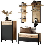 Garderoben-Set in modernem Design mit Holz- und Metallelementen, bestehend aus einem Schrank, einer Bank und einem Wandregal. Frontalansicht.