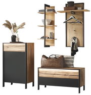 Garderoben-Set in modernem Design mit Holz- und Metallelementen, bestehend aus einem Schrank, einer Bank und einem Wandregal. Frontalansicht.