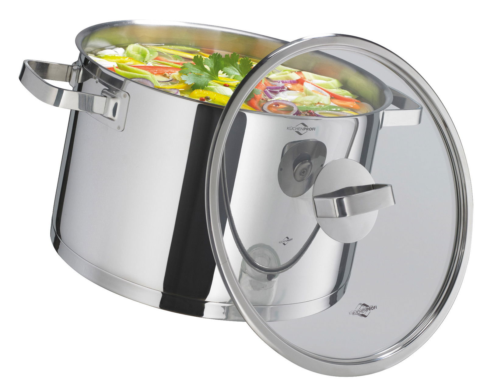 Suppentopf SAN REMO, 26 cm, aus Edelstahl mit Glasdeckel, gefüllt mit frischem Gemüse, seitliche Perspektive