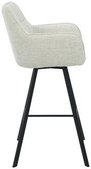 Seitenansicht eines modernen Barhockers mit hellgrauem Stoffbezug und schwarzen Metallbeinen.