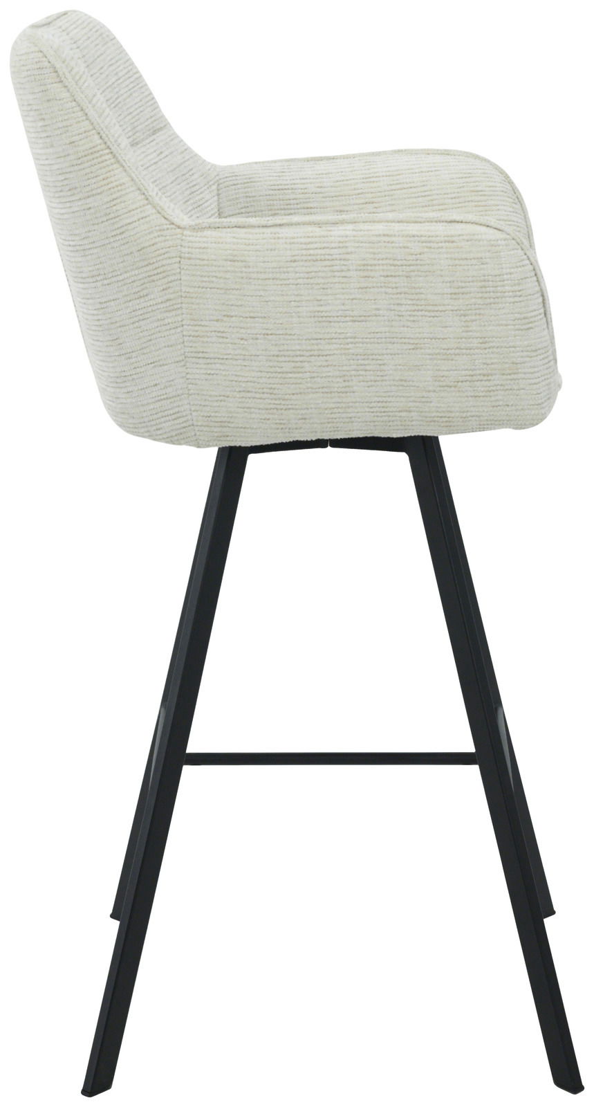 Seitenansicht eines modernen Barhockers mit hellgrauem Stoffbezug und schwarzen Metallbeinen.
