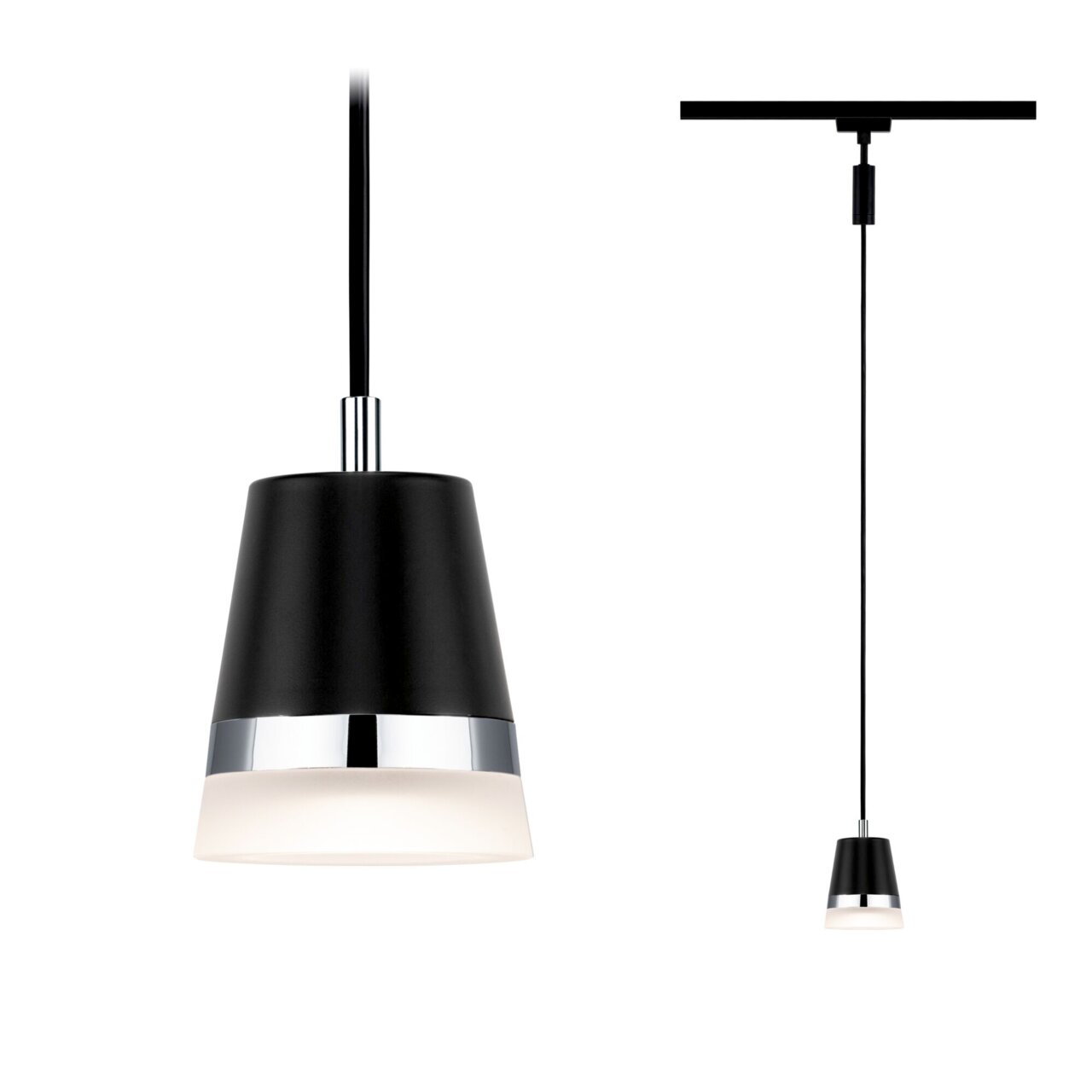 Schwarzes Schienenpendel Cone mit silbernem Akzent und weißem Diffusor, seitliche und frontale Ansicht.
