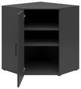 Schwarze Eckkommode mit geöffneter Tür, zwei Regalböden sichtbar, frontale Perspektive