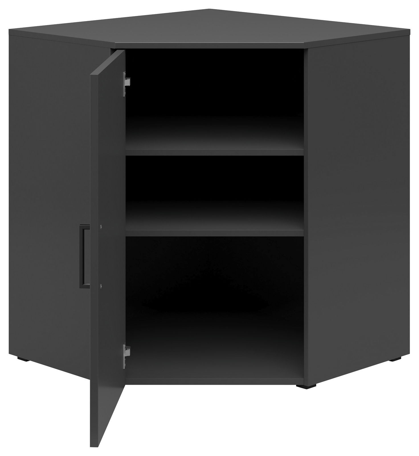 Schwarze Eckkommode mit geöffneter Tür, zwei Regalböden sichtbar, frontale Perspektive