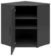 Schwarze Eckkommode mit geöffneter Tür, zwei Regalböden sichtbar, frontale Perspektive