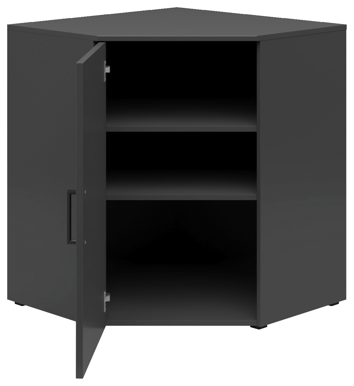 Schwarze Eckkommode mit geöffneter Tür, zwei Regalböden sichtbar, frontale Perspektive