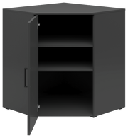 Schwarze Eckkommode mit geöffneter Tür, zwei Regalböden sichtbar, frontale Perspektive