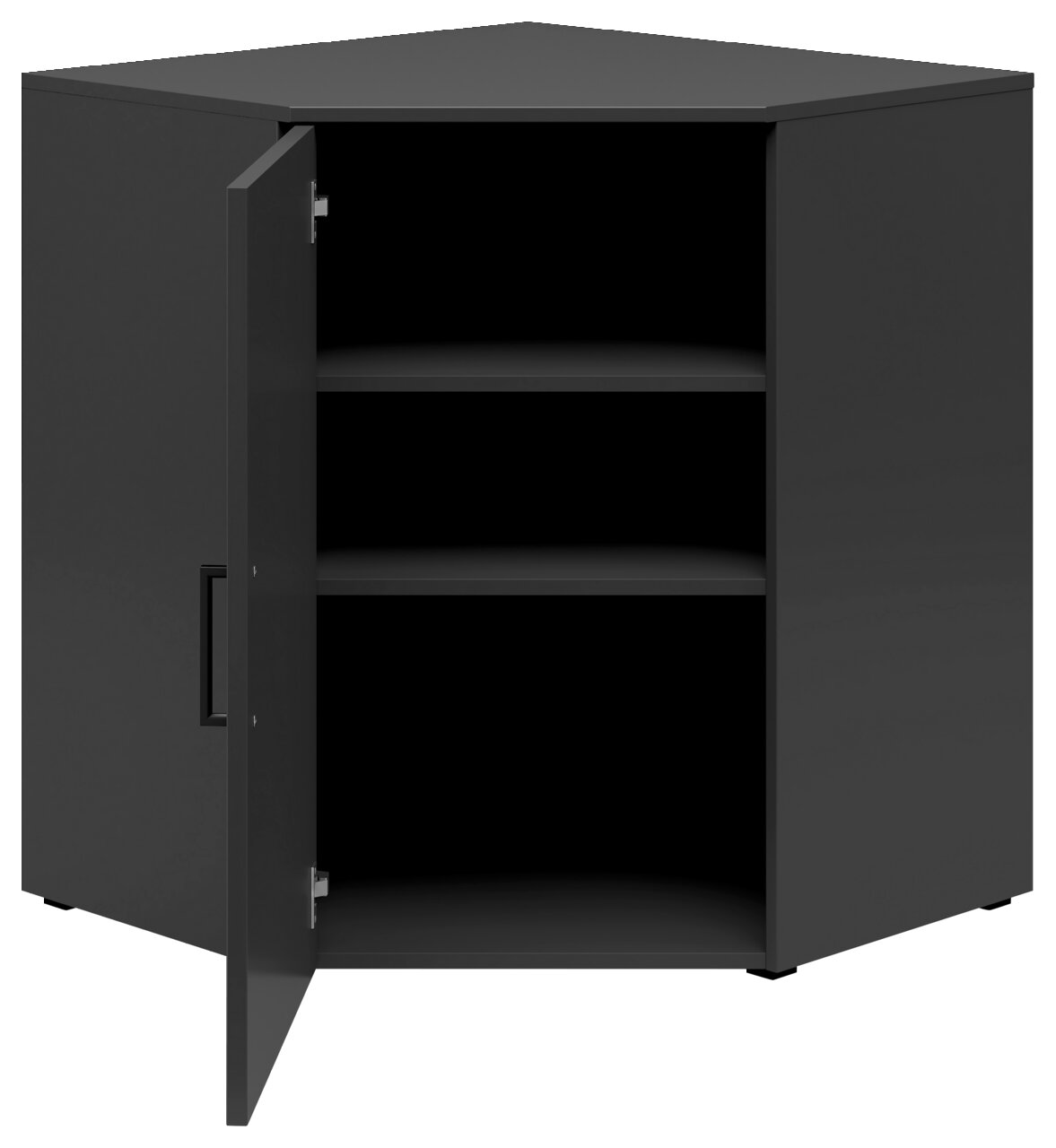 Schwarze Eckkommode mit geöffneter Tür, zwei Regalböden sichtbar, frontale Perspektive
