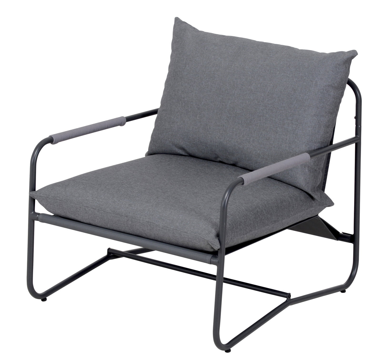 Grauer Lounge-Sessel mit Metallrahmen, seitliche Perspektive