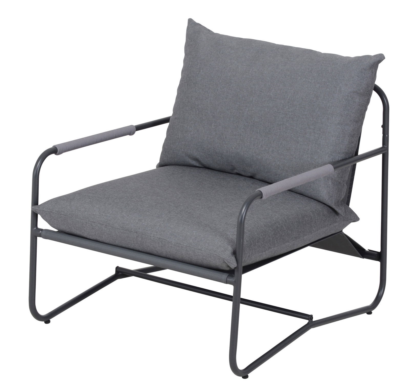 Grauer Lounge-Sessel mit Metallrahmen, seitliche Perspektive