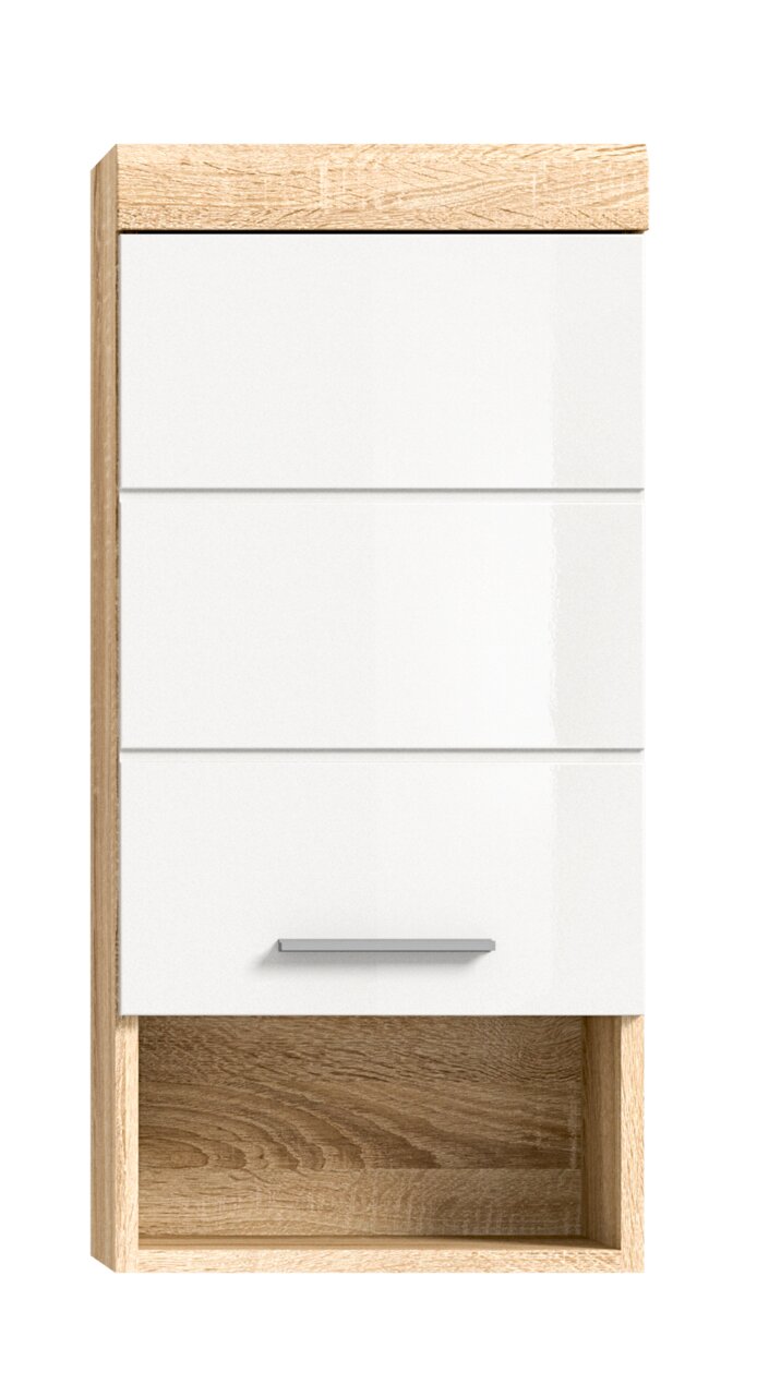Moderner Hängeschrank mit weißer Front und Holzoptik, Frontalansicht