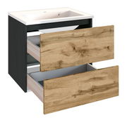 Moderner Waschplatz mit zwei offenen Schubladen in Holzoptik, seitliche Perspektive