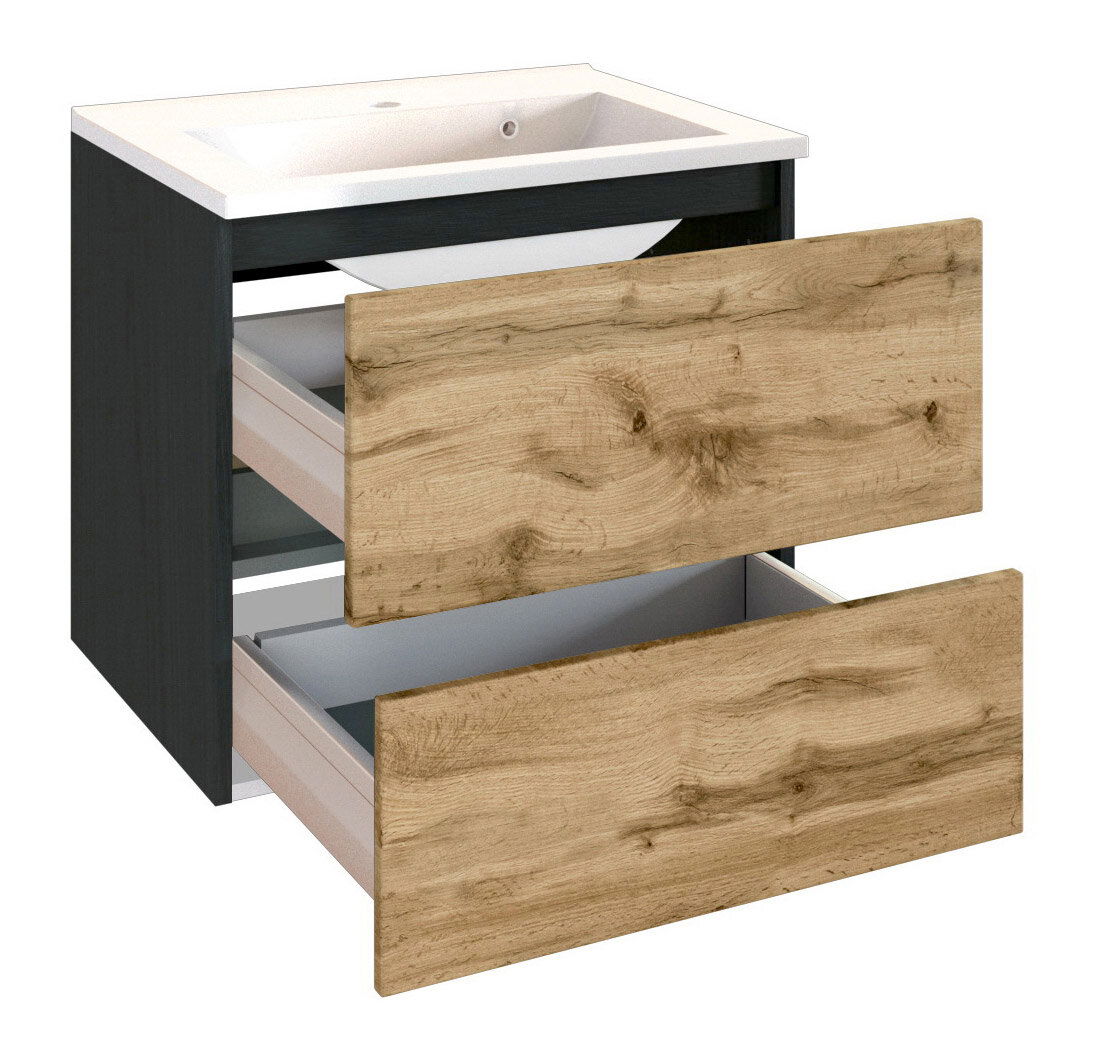 Moderner Waschplatz mit zwei offenen Schubladen in Holzoptik, seitliche Perspektive