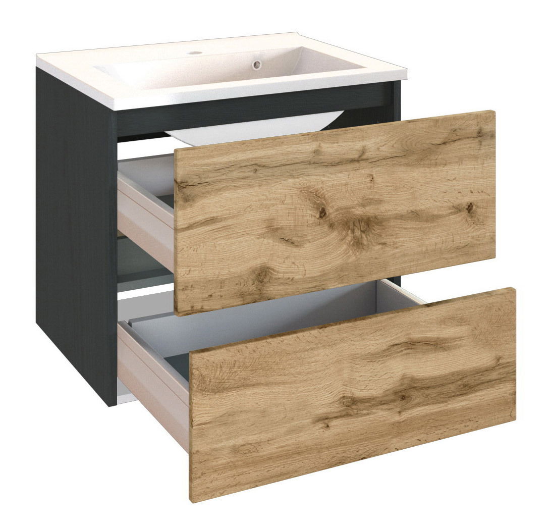 Moderner Waschplatz mit zwei offenen Schubladen in Holzoptik, seitliche Perspektive
