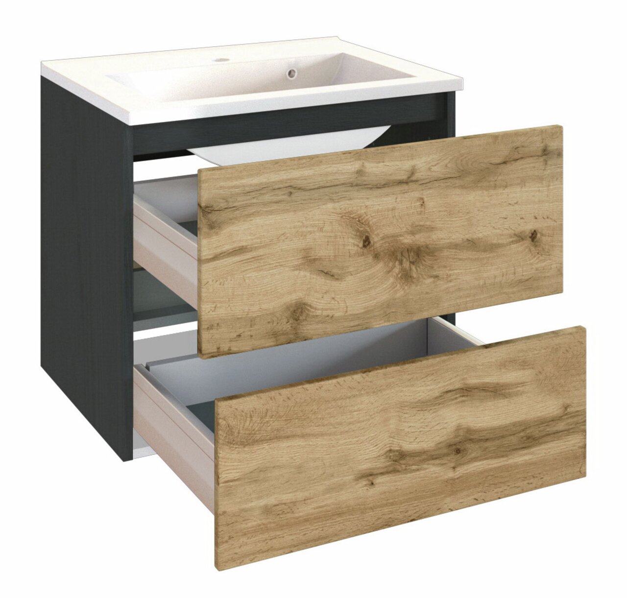 Moderne wastafel met twee open lades in houtlook, zijaanzicht