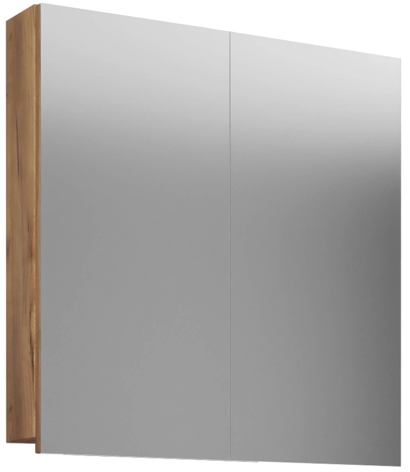 Moderner Hängeschrank mit zwei glatten grauen Türen und Holz-Seitenteil, schräg von vorne links (Dreiviertelansicht) fotografiert