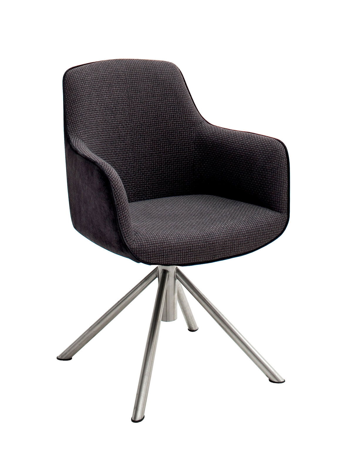 Moderner Sessel mit grauem Stoffbezug und Metallbeinen, seitliche Perspektive
