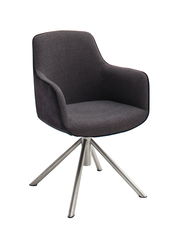 Moderner Sessel mit grauem Stoffbezug und Metallbeinen, seitliche Perspektive